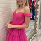 Shiny Tulle Tiered Prom Dress With Slit, Off Shoulder Formal Evening Dresses nv782