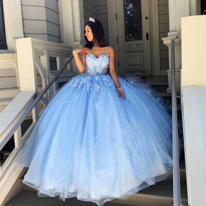 Sky Blue Princess Sexy Lace Quinceanera Prom Dresses Sweetheart Beaded Hand Made Flowers Tulle Evening Party Sweet 16 Dress Gala nv887