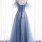 Blue Tulle Long A-Line Prom Dresses, Blue Spaghetti Strap Evening Dresses nv876