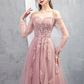 Pink A-line Tulle Lace Long Prom Dress Pink Lace Evening Dress nv861