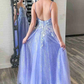 V Neck Backless Purple Lace Long Prom Dresses with 3D Flowers, Shiny Purple Lace Floral Formal Graduation Evening Dresses nv888