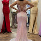 Light Blue Iridescent Sequin Floral Lace Mermaid Long Prom Dress with Slit nv803