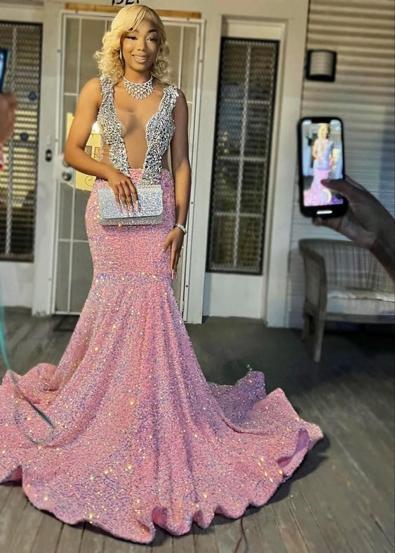 Sequin Evening Dress Custom Made Black Girl Mermaid Prom Gowns nv897