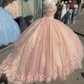 Pink Sparkly Quinceanera Prom Dresses Lace Flower Sweet 16 Tulle Party Ball Gown nv886
