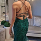 Hunter Green Floral Lace Lace-Up Back Mermaid Long Prom Gown nv856