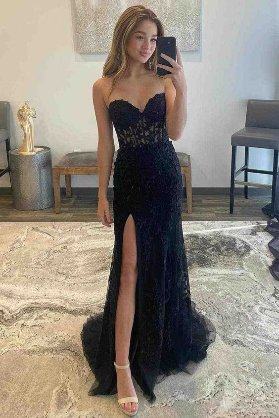 Sweetheart Black Lace Long Prom Dress with Slit nv946
