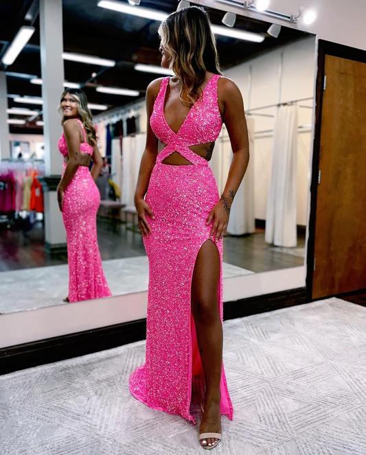 Charming Glitter Mermaid V Neck Hot Pink Sequins Prom Dresses with Slit nv940