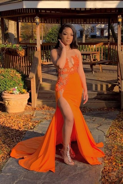 Jewel Sheer Sleeveless Appliques Orange Mermaid Prom Dresses with Side Spli nv945