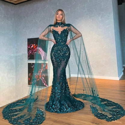 2023 New Two Pieces Mermaid Evening Dresses with Cape Dark Green Lace Prom Gown Long Formal Party Dress  nv938