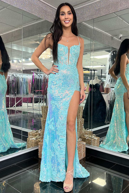 Light Blue Sequin Appliques Plunge Neck Long Prom Dress with Slit nv960