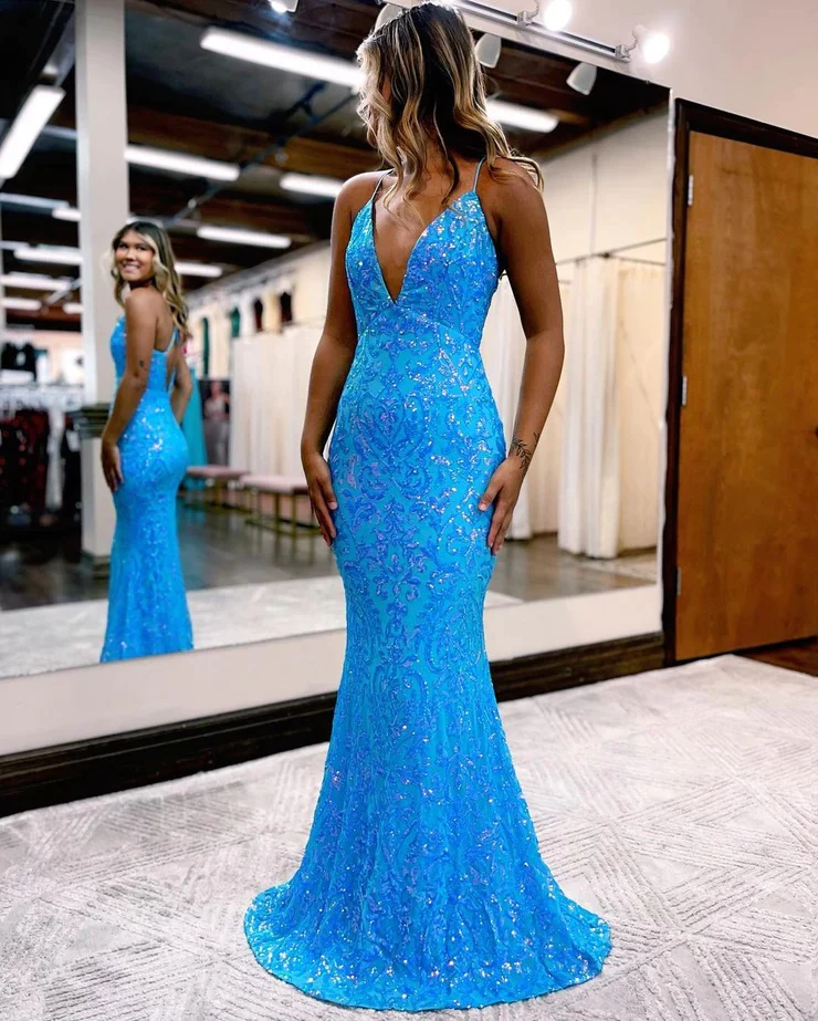 Sparkly Mermaid V Neck Blue Sequins Prom Dresses nv953