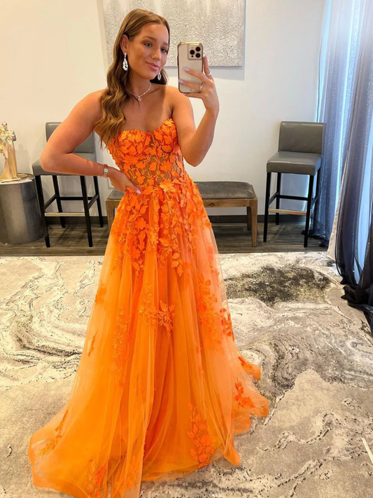 Robe de bal longue en tulle et dentelle à col en cœur orange, robe de remise de diplôme formelle orange nv943