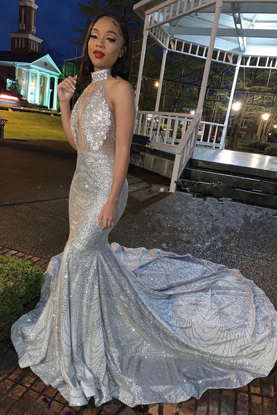 MERMAID DEEP V-NECK HALTER CHAPEL BACKLESS PAILLETTE PROM DRESS nv937
