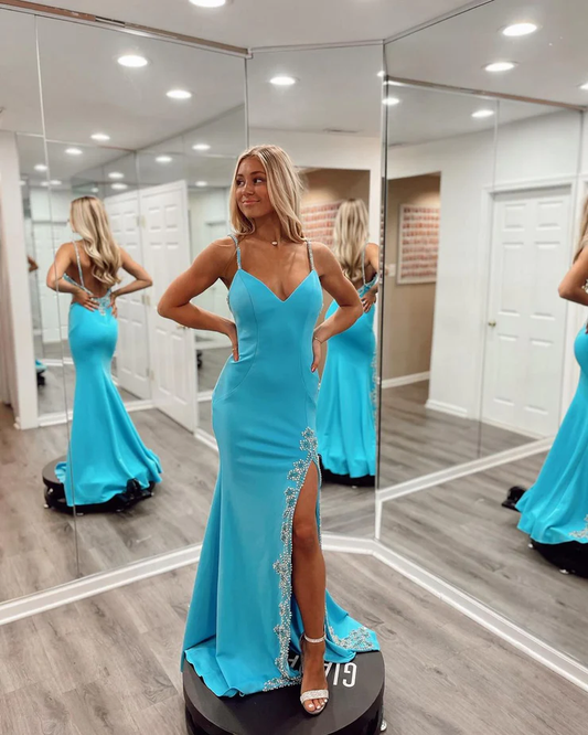 Cute Mermaid V Neck Blue Satin Long Prom Dresses with Slit nv954