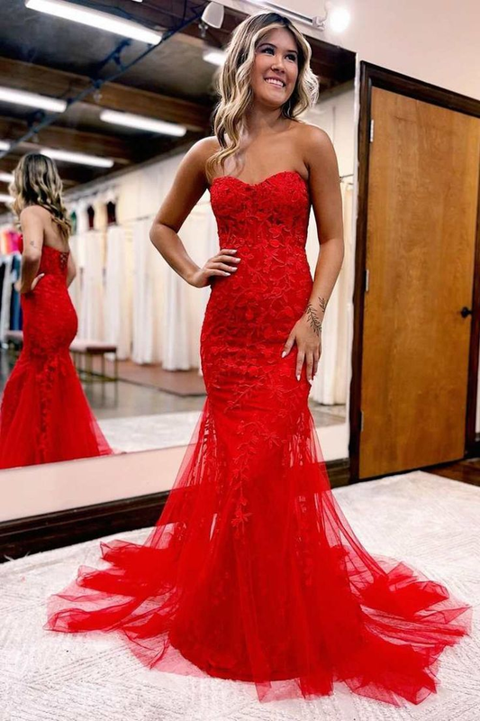 Robe de bal longue sirène en dentelle florale rouge chérie nv948