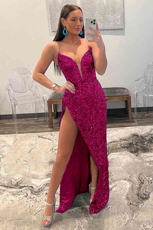 Robe de bal longue sans bretelles à paillettes fuchsia nv993