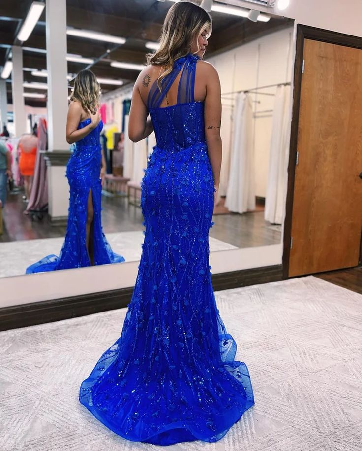 Charming Mermaid One Shoulder Royal Blue Lace Prom Dresses with Slit nv961
