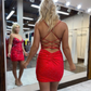 Sexy Charming Bodycon V Neck Red Beading Short Homecoming Dresses nv918