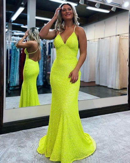 Sparkly Mermaid V Neck Yellow Sequins Long Prom Dresses nv978