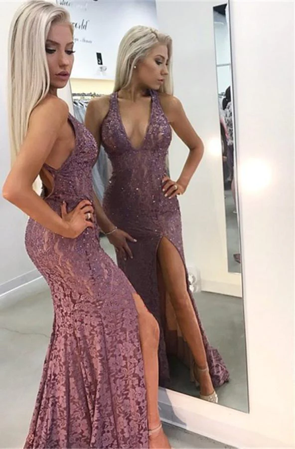 Sexy Lace Sheath V Neck Halter Lilac Side Slit Backless Long 2023 Prom Dresses nv992
