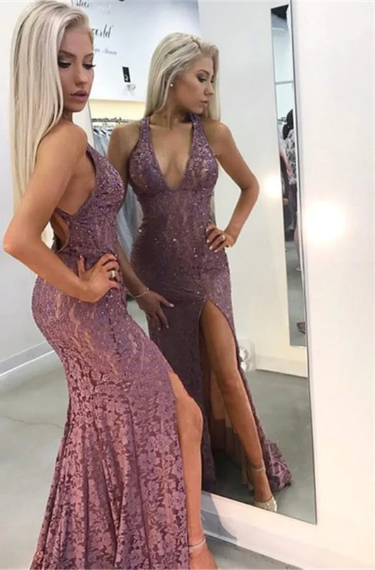 Sexy Lace Sheath V Neck Halter Lilac Side Slit Backless Long 2024 Prom Dresses nv992