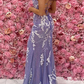 DEEP V-NECK LAVENDER LACE PROM DRESS WITH SLIT nv970