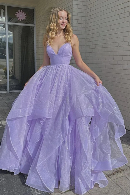 Shiny Sequins V Neck Purple Long Prom Dress Fluffy Purple Formal Evening Dress Sparkly Purple Ball Gown  nv129