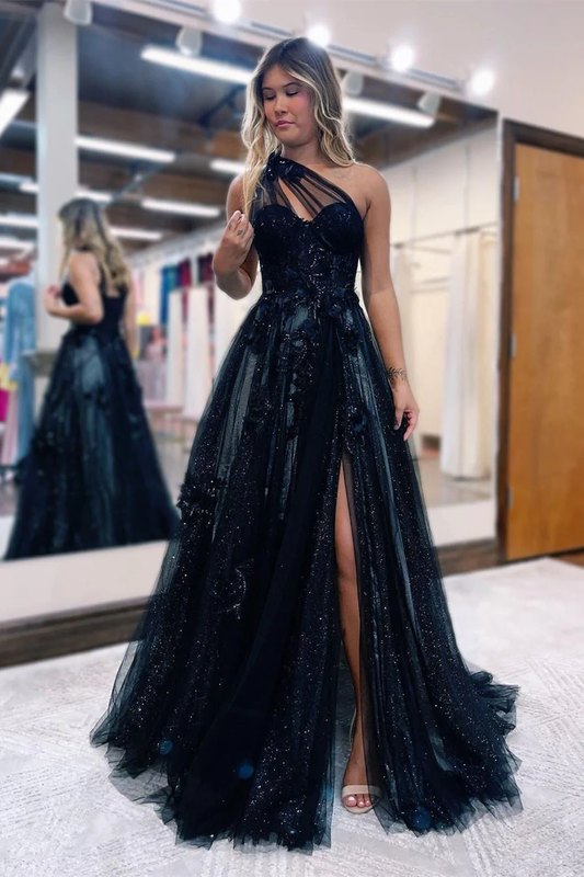 GORGEOUS LONG BLACK ONE SHOULDER A-LINE LACE PROM DRESS SPLIT ONLINE  nv403
