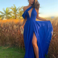 Unique one shoulder chiffon long prom dress blue evening dress nv327