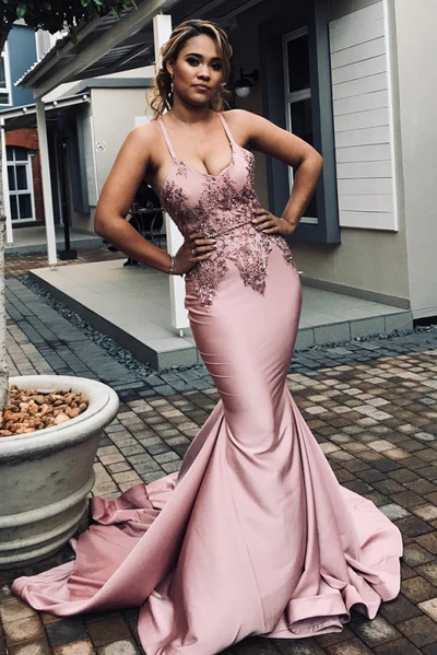 ELEGANTABLE SPAGHETTI STRAPS APPLIQUES CHIC MERMAID PROM DRESSES TRENDY CROSSED SHOULDER STRAP LONG EVENING DRESSES nv371