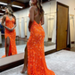 Cute Mermaid V Neck Sparkly Sequins Orange Prom Dresses with Slit nv979