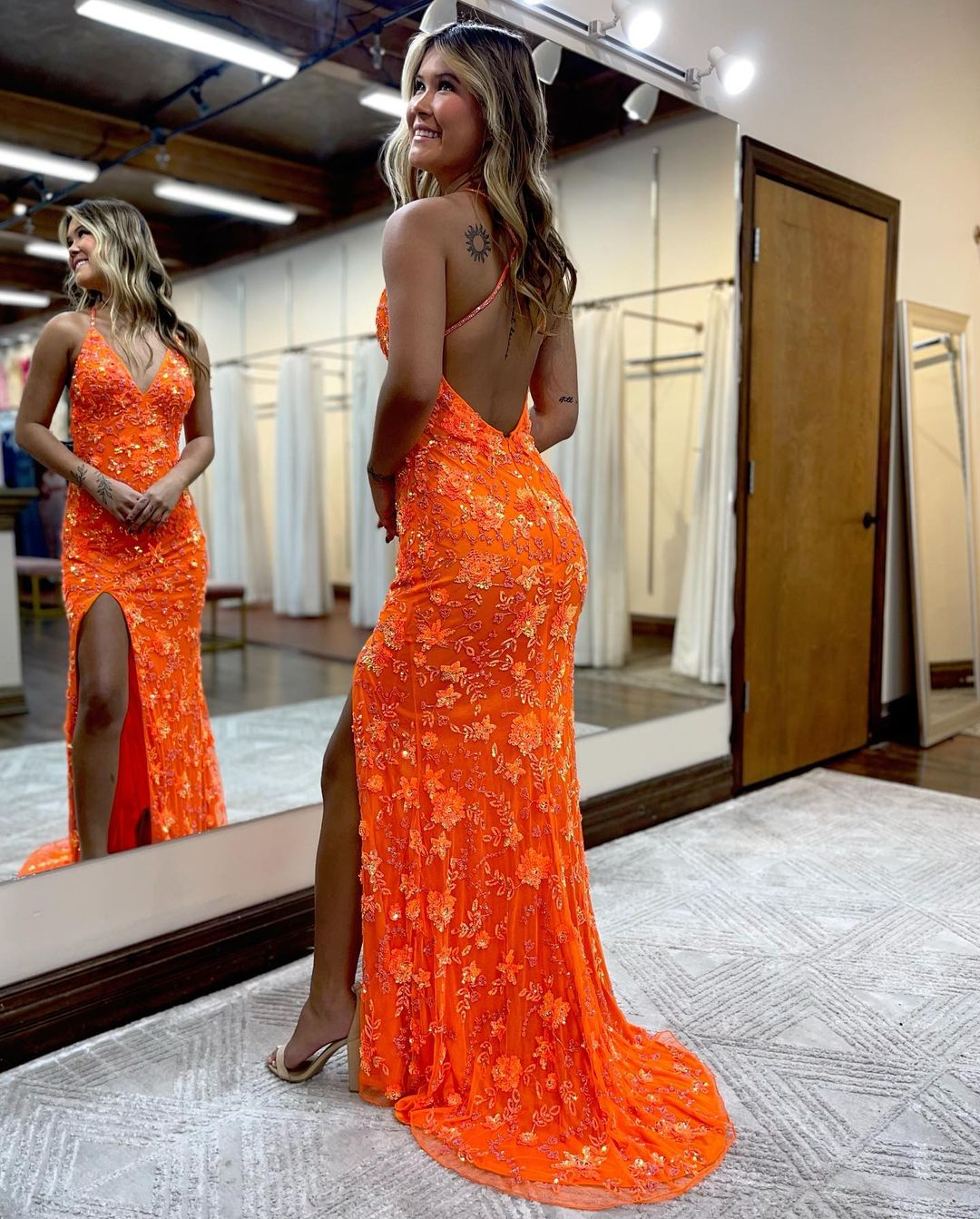Cute Mermaid V Neck Sparkly Sequins Orange Prom Dresses with Slit nv979