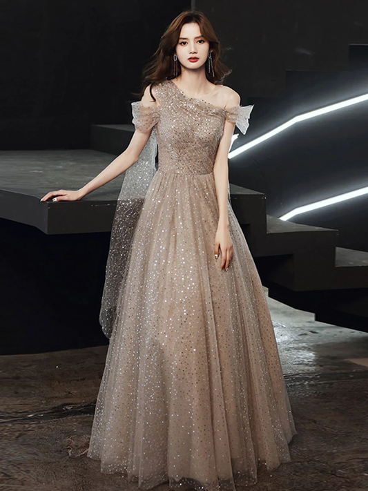 Champagne tulle one shoulder long prom dress tulle evening dress nv430