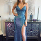 Glitter Straps Sequins Blue Long Prom Dress with Slit nv479