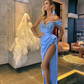 Charming Blue High Slit Chiffon Long Prom Dress, Beaded Evening Dress nv331