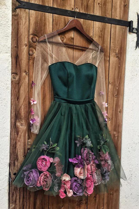 green long sleeves lace short fanshion dress,applique sheer-straps sweetheart satin flower homecoming dress nv537