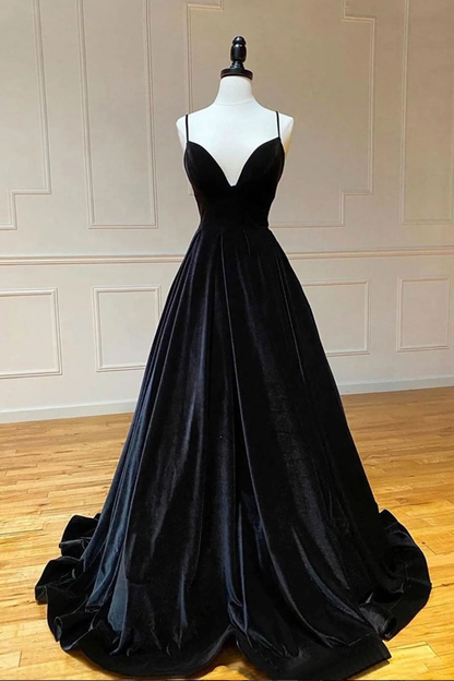 A Line V Neck Backless Black Velvet Long Prom Dresses, V Neck Black Formal Dresses, Black Velvet Evening Dresses nv424