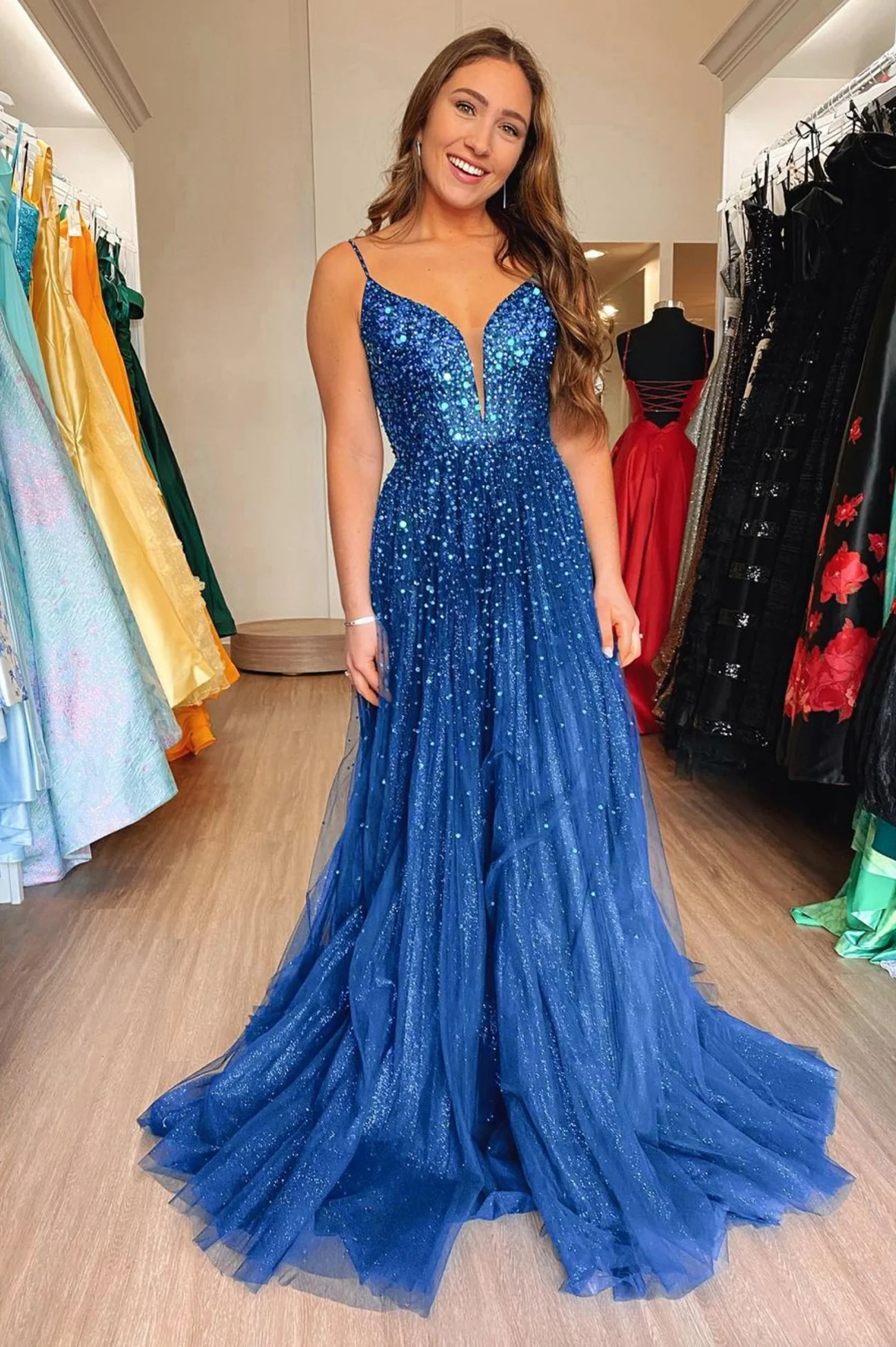 Blue Tulle Sequins Long Prom Dress, Blue A-Line Evening Dress nv1043