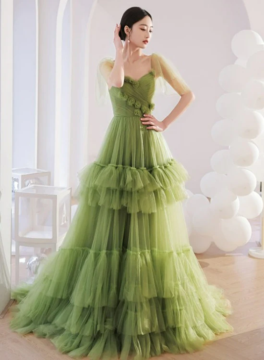 Light Green Layers Tulle Sweetheart Long Formal Dresses, Tulle Wedding Party Dresses nv439