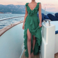 Fashion A Line V Neck Ruffle Chiffon Green Long Prom Dress, Sexy Sleeveless Evening Party Dress nv488