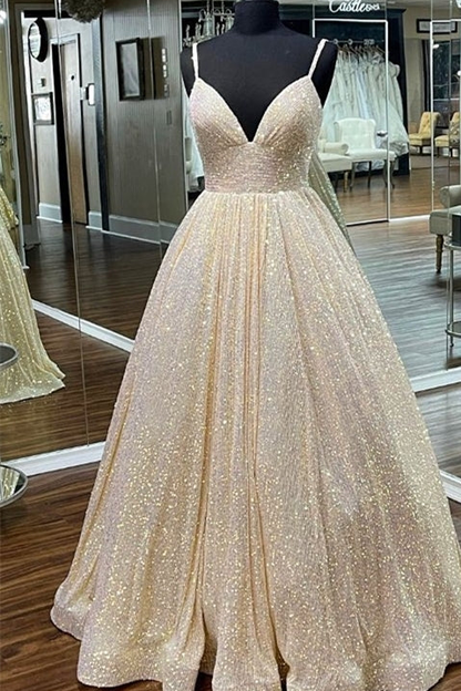 Champagne Sequin Empire A-line Long Prom Dress nv208
