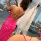 Mermaid Glitter Sequins Sexy Hot Pink Backless Long Prom Dress nv949