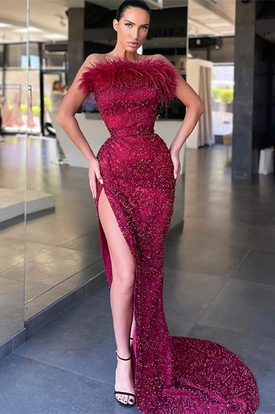 BURGUNDY STRAPLESS MERMAID PROM DRESS SLIT WITH SEQUINS BEADS FEATHER nv375
