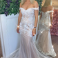 Princess Off Shoulder Mermaid White Lace Appliques Long Prom Dress nv348