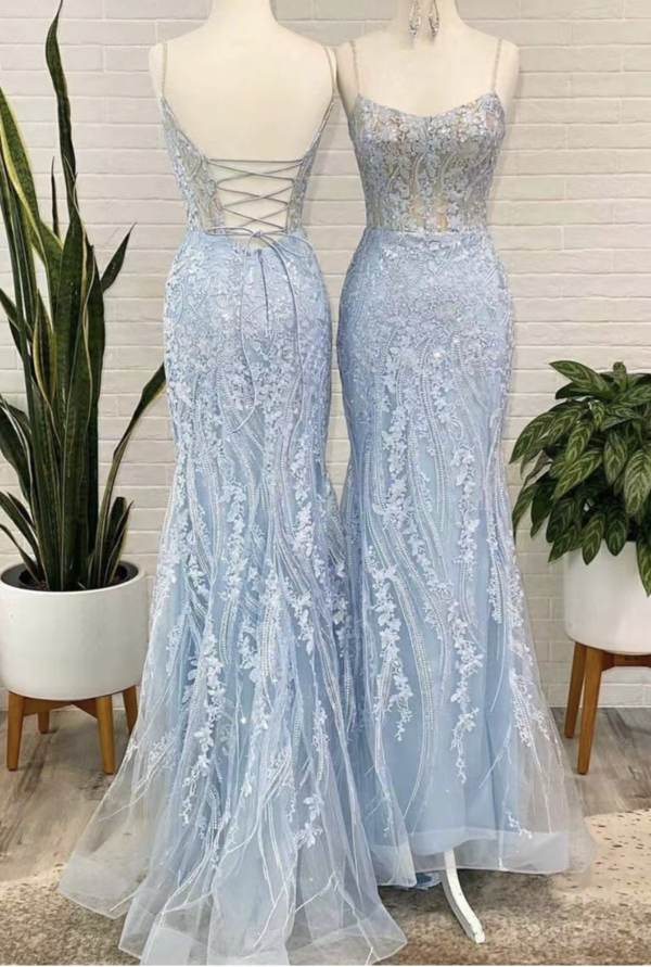 Elegant Sky Blue Prom Dresses with Appliques Lace nv283