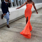 Mermaid Orange Sequin High Slit Spaghetti Straps Prom Dresses nv942