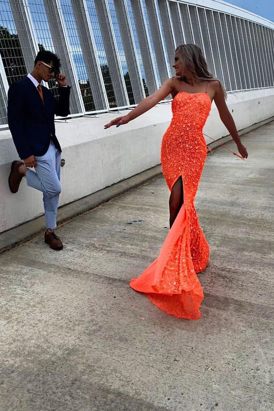 Mermaid Orange Sequin High Slit Spaghetti Straps Prom Dresses nv942
