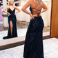 Black Shiny V-Neck Lace-Up Long Formal Prom Dress nv964