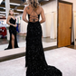 Cute Mermaid V Neck Black Sequins Long Prom Dresses with Slit nv965