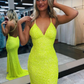 Sparkly Mermaid V Neck Yellow Sequins Long Prom Dresses nv978
